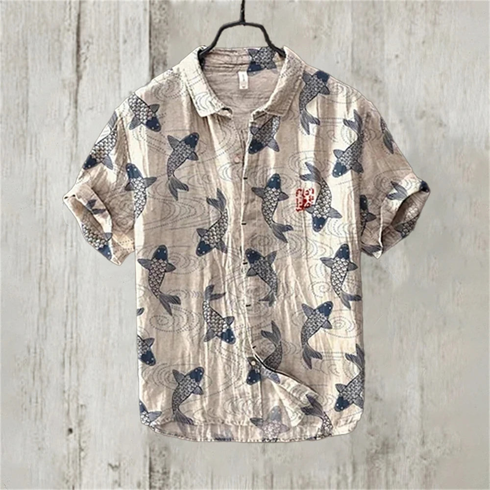 Men's Short Sleeve Linen Printed Shirt 2024 Japan Hot Selling Carp Print Holiday Daily Casual Wear Large Size XS-5XL