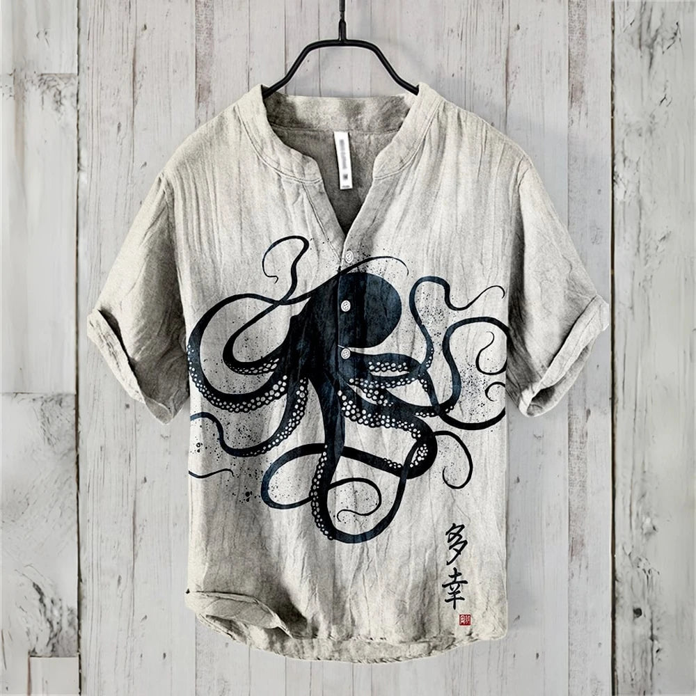 Summer Casual Men's Short Sleeve POLO Shirt Imitation Linen Printed POLO Shirt Maldives Hawaiian Vintage Clothing