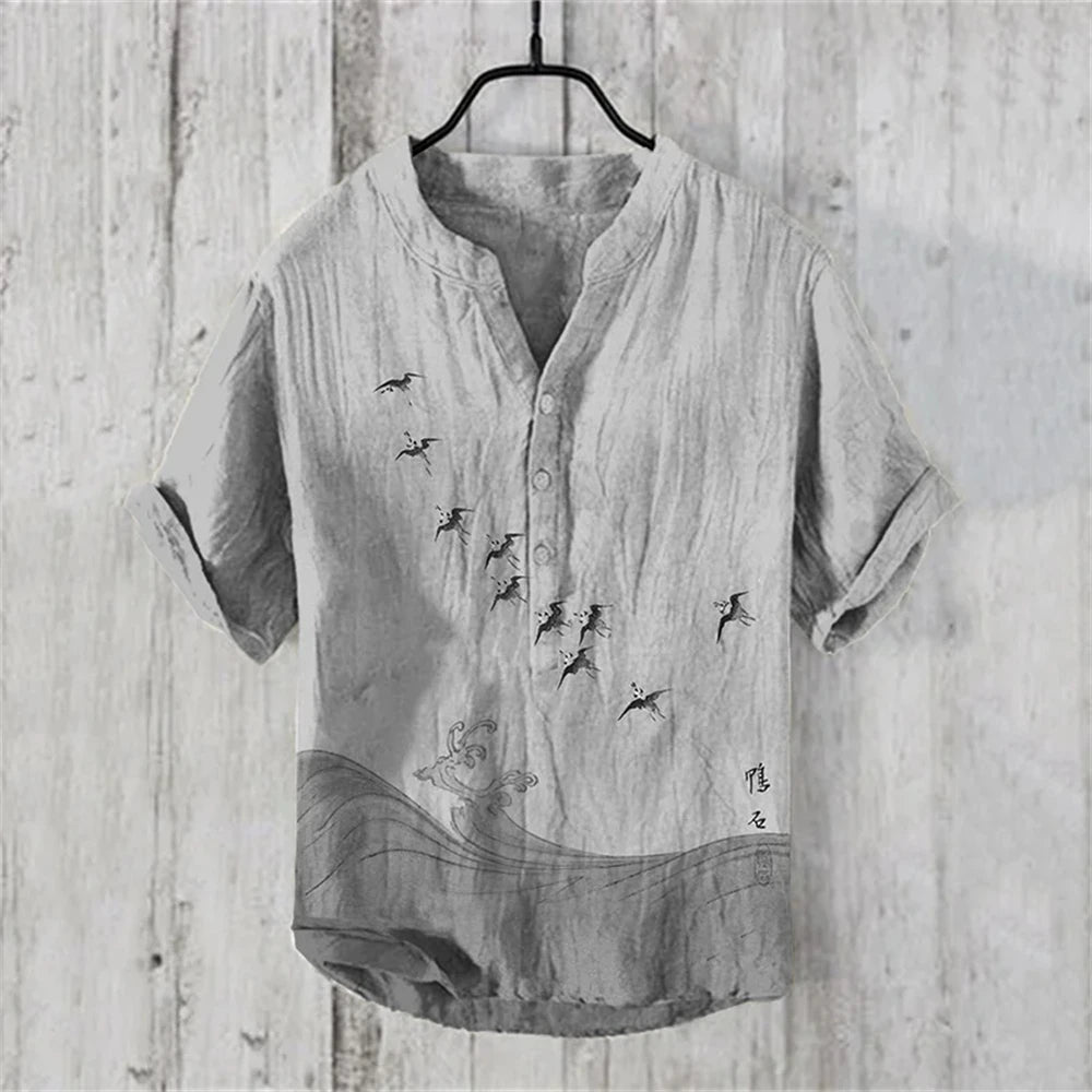 Chinese retro men's short-sleeved POLO shirt linen blended printed clothing casual fashion Hawaiian large size men's tops