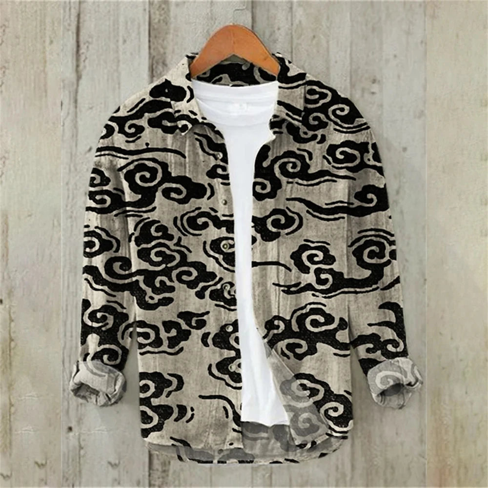 Men's Long Sleeve Shirt Linen Shirt Japanese Retro Ukiyo-e Fashion Street Casual Loose Comfort High Quality Men's Clothing