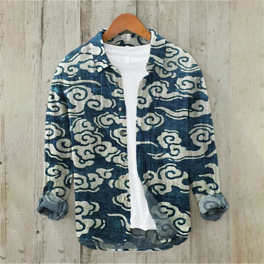 Men's Long Sleeve Shirt Linen Shirt Japanese Retro Ukiyo-e Fashion Street Casual Loose Comfort High Quality Men's Clothing