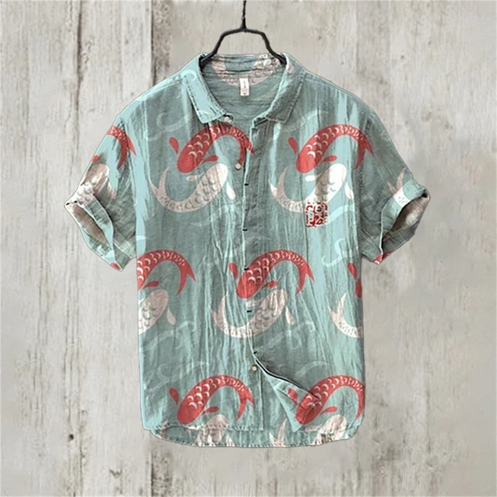 Men's Short Sleeve Linen Printed Shirt 2024 Japan Hot Selling Carp Print Holiday Daily Casual Wear Large Size XS-5XL