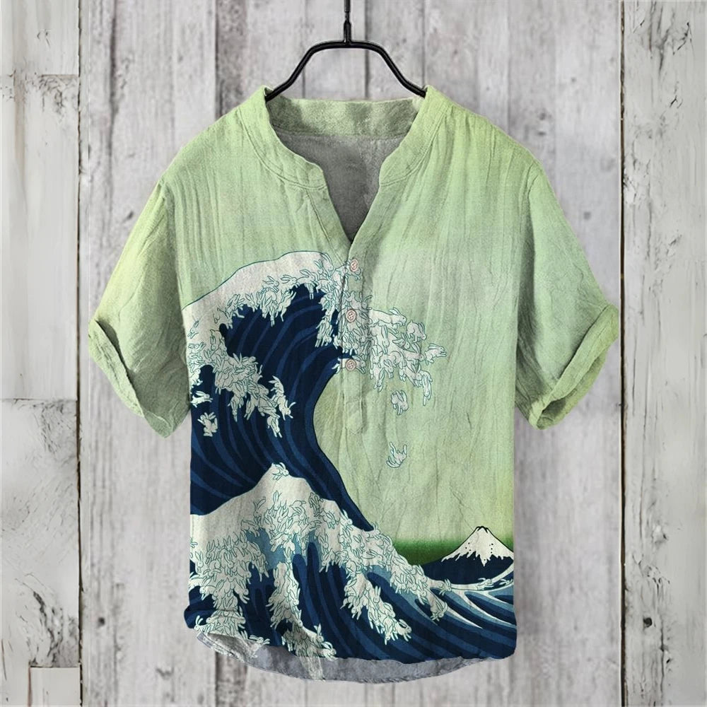 Men's short-sleeved POLO shirt imitation linen POLO shirt printed Kanagawa waves Japanese retro men's clothing