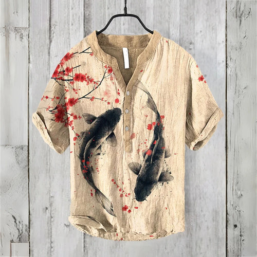 2025 New Retro Men's Short Sleeve POLO Shirt Linen Blended Printed Clothing Hawaiian Casual Fashion Large Size Men's Tops