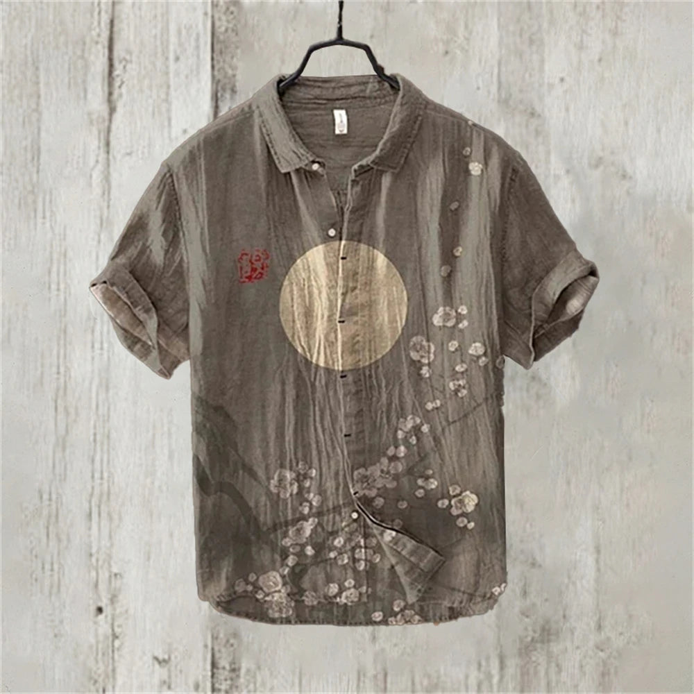Men's Short Sleeve Linen Printed Shirt 2024 Japan Hot Selling Carp Print Holiday Daily Casual Wear Large Size XS-5XL