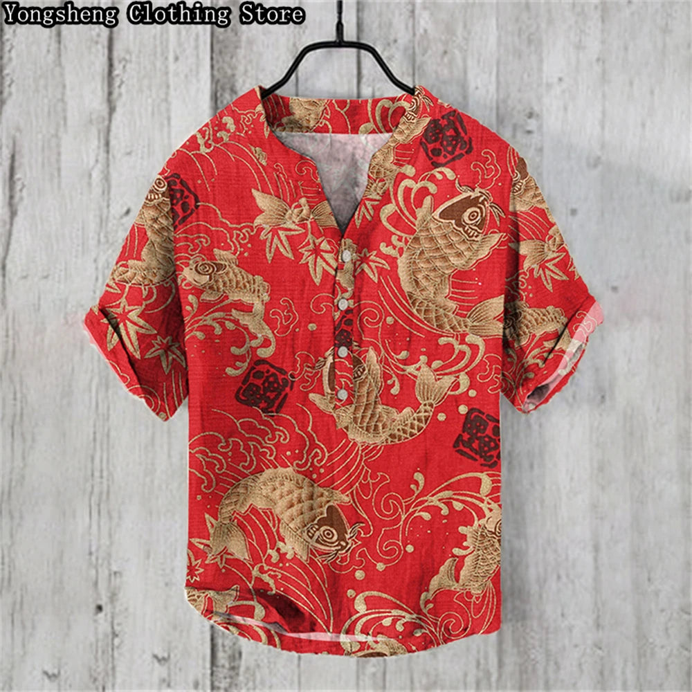 Men's Linen Print Casual POLO Shirt Short Sleeve 2024 New Ocean Whale Print Vacation Business Travel Large Size Plus Clothing