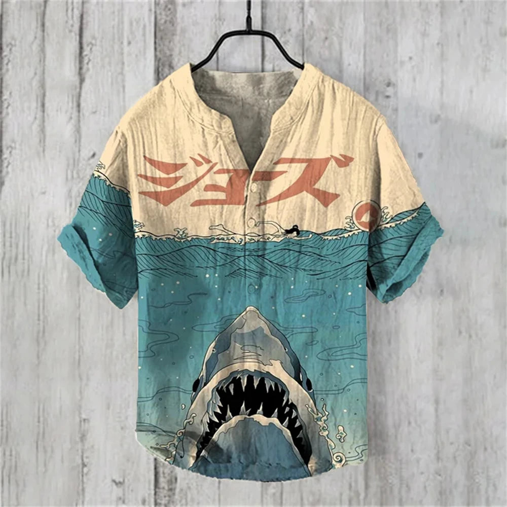 Men's short-sleeved POLO shirt blended linen top Hawaiian vacation great white shark fashion print Comfortable men's clothing