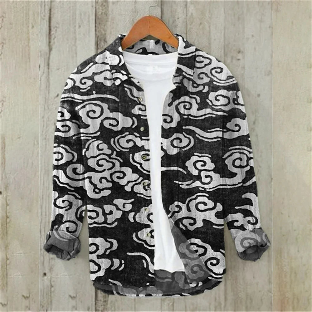 Men's Long Sleeve Shirt Linen Shirt Japanese Retro Ukiyo-e Fashion Street Casual Loose Comfort High Quality Men's Clothing