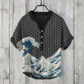 Men's short-sleeved POLO shirt linen blend clothing Japanese retro wave illustration high quality casual men's tops