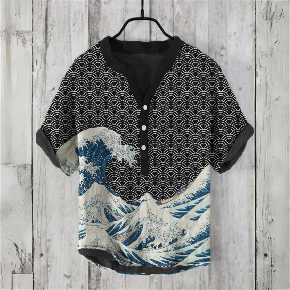Men's short-sleeved POLO shirt linen blend clothing Japanese retro wave illustration high quality casual men's tops