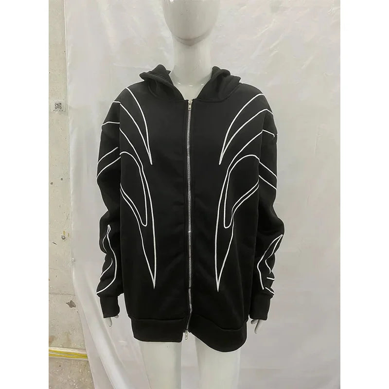 Street Retro Fashion Clothing Striped Embroidered Black Double Zipper Hoodie American Hip-hop Punk Oversized Sweatshirt women
