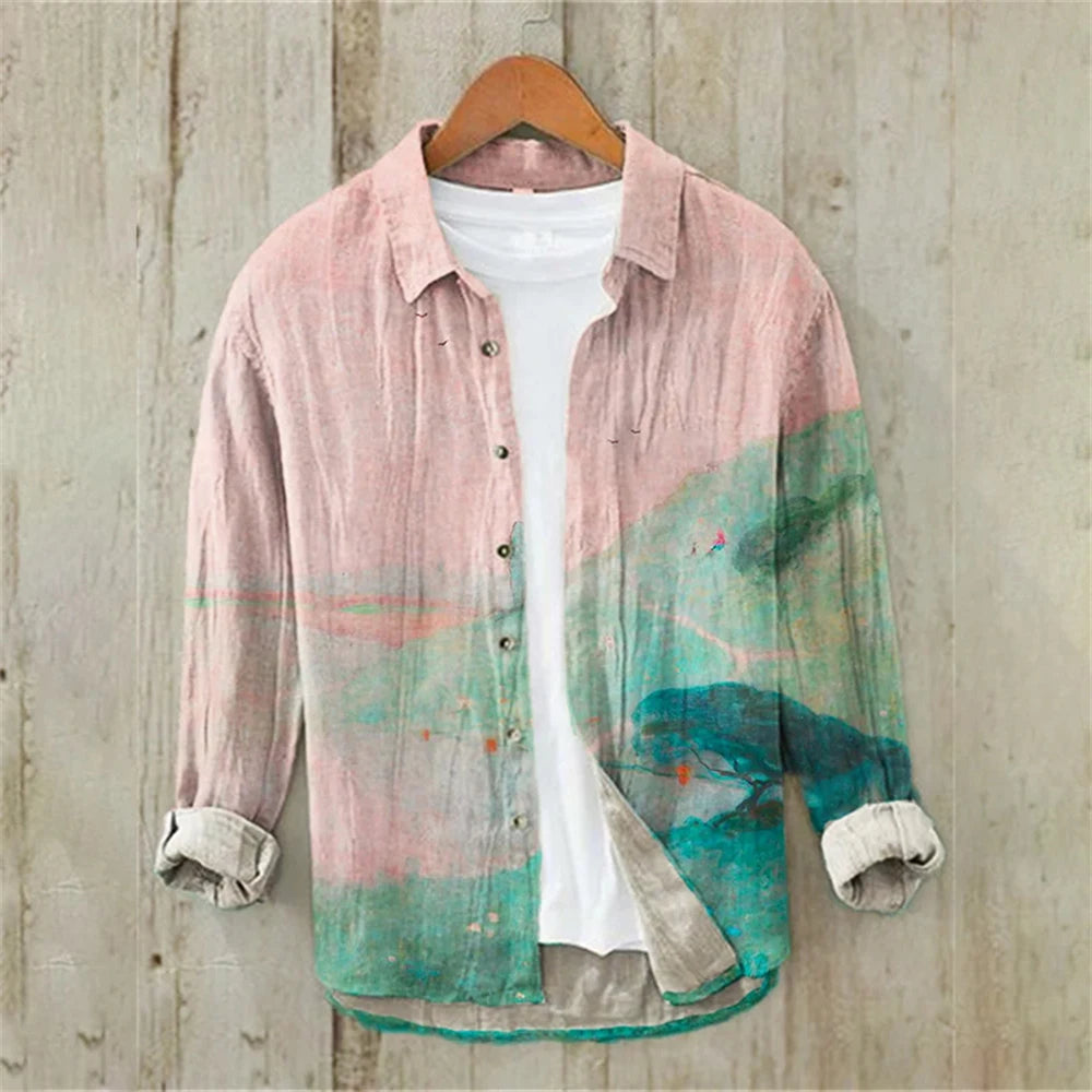 Men's Long Sleeve Shirt Linen Shirt Japanese Retro Ukiyo-e Fashion Street Casual Loose Comfort High Quality Men's Clothing