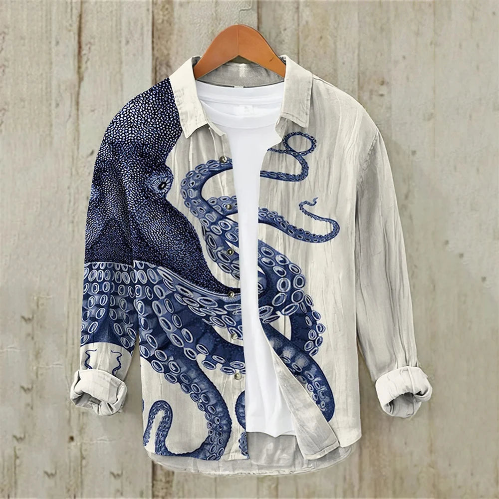 Men's Long Sleeve Shirt Linen Shirt Japanese Retro Ukiyo-e Fashion Street Casual Loose Comfort High Quality Men's Clothing