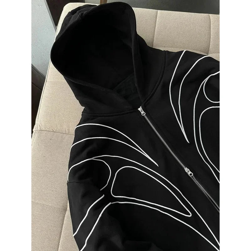 Street Retro Fashion Clothing Striped Embroidered Black Double Zipper Hoodie American Hip-hop Punk Oversized Sweatshirt women