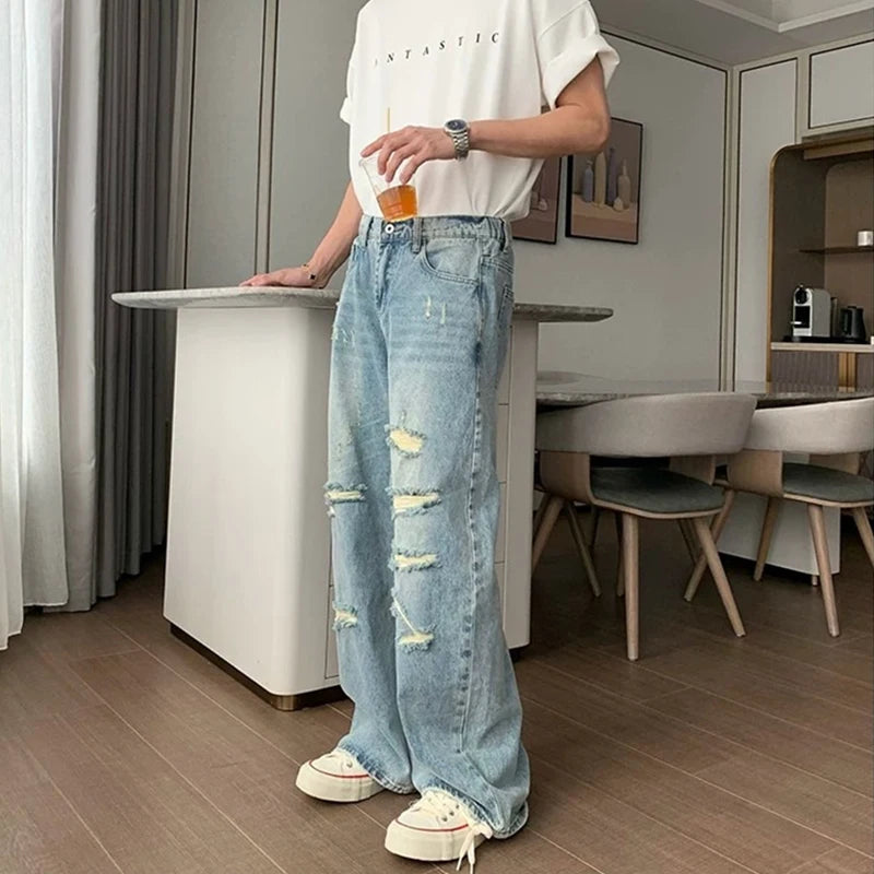 Men's Ripped Washed Straight Wide-leg Jeans Y2K Streetwear Cleanfit Blue Baggy Denim Pants Hip Hop Punk Fashion Jean Trousers