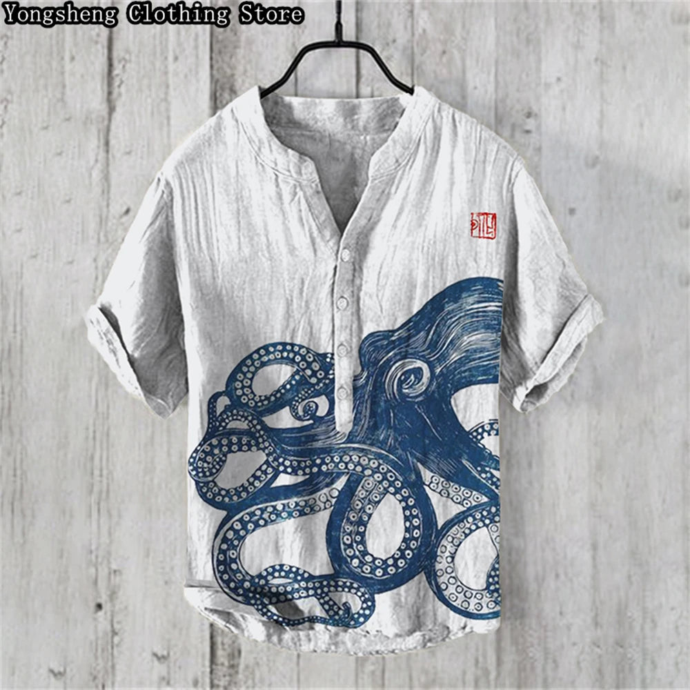 Men's Linen Print Casual POLO Shirt Short Sleeve 2024 New Ocean Whale Print Vacation Business Travel Large Size Plus Clothing