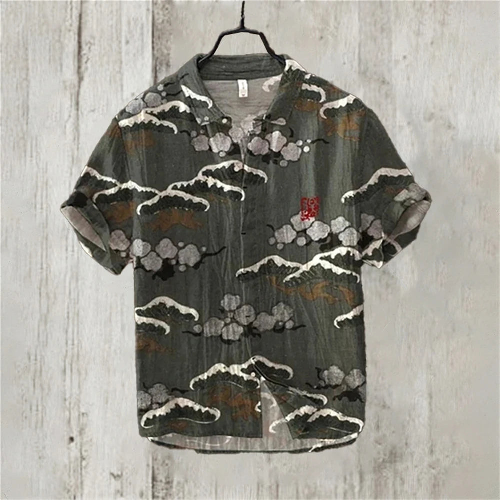 Men's Short Sleeve Linen Printed Shirt 2024 Japan Hot Selling Carp Print Holiday Daily Casual Wear Large Size XS-5XL