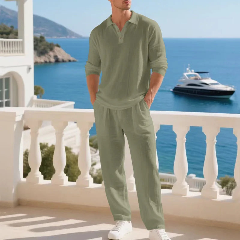 2026 Cross-border Spring and Autumn Linen Men's Casual Loose Simple Polo Shirt Long Sleeve Pants Two-piece Set