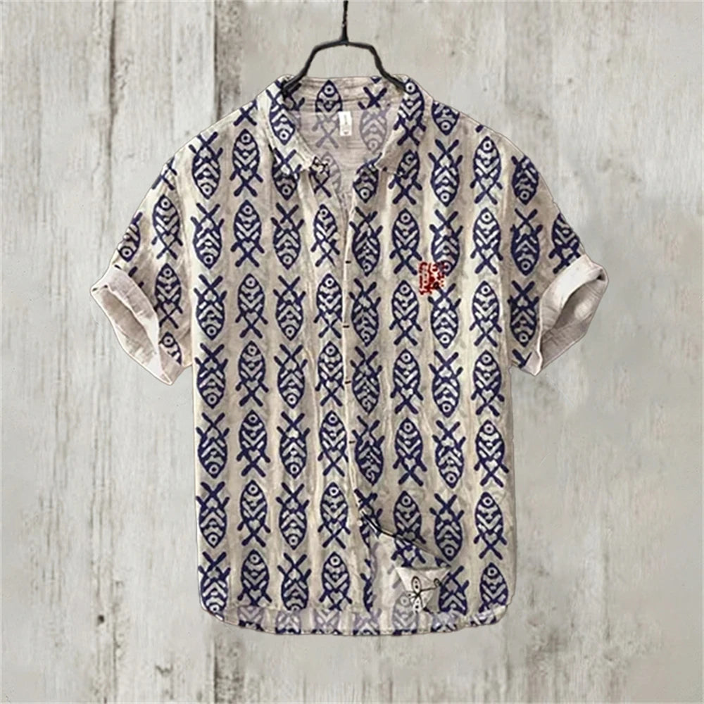 Men's Short Sleeve Linen Printed Shirt 2024 Japan Hot Selling Carp Print Holiday Daily Casual Wear Large Size XS-5XL