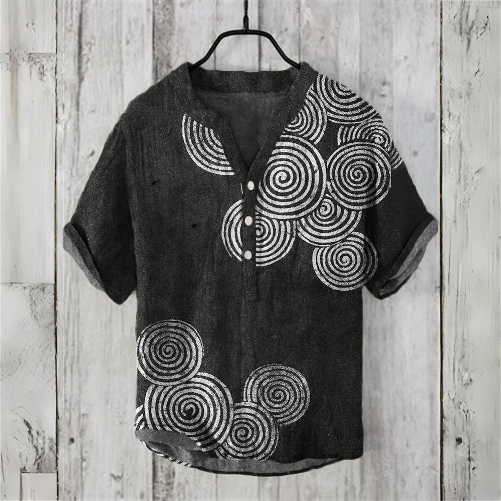Men's short-sleeved POLO shirt linen blend clothing Japanese retro wave illustration high quality casual men's tops