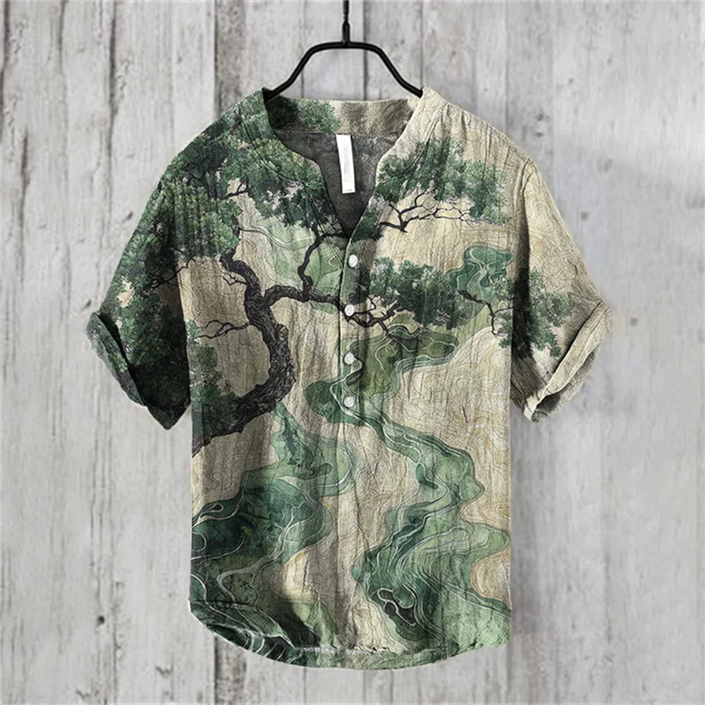 Men's short-sleeved POLO shirt imitation linen POLO shirt 2025 new welcome pine retro print casual Hawaiian men's clothing