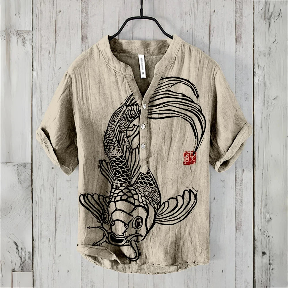 Men's short-sleeved POLO shirt linen blended clothing Japanese retro carp print comfortable casual summer large size men's tops