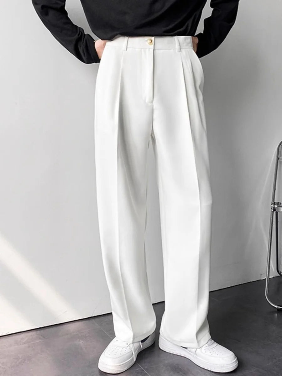 Korean Style Spring Summer Thin Wide Leg Pants Men's Loose Casual Long Trousers Dragging Pants Straight Cut White Casual Busi...