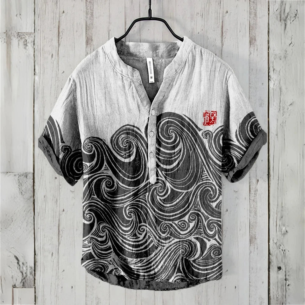 Men's short-sleeved POLO shirt linen blend clothing Japanese retro wave illustration high quality casual men's tops