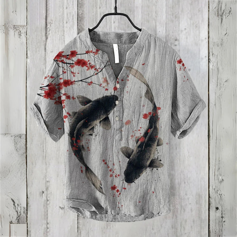 2025 New Retro Men's Short Sleeve POLO Shirt Linen Blended Printed Clothing Hawaiian Casual Fashion Large Size Men's Tops