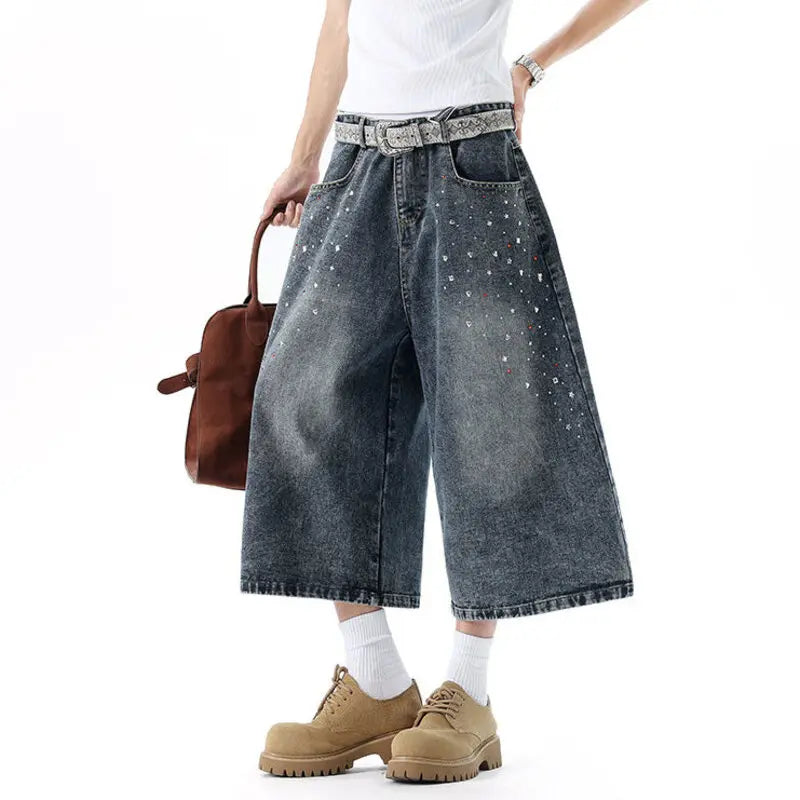 BTNY Men's Jorts American Rhinestone-Embellished Denim Shorts New Trendy Men Clothing Niche Design Capri Pants Summer P604