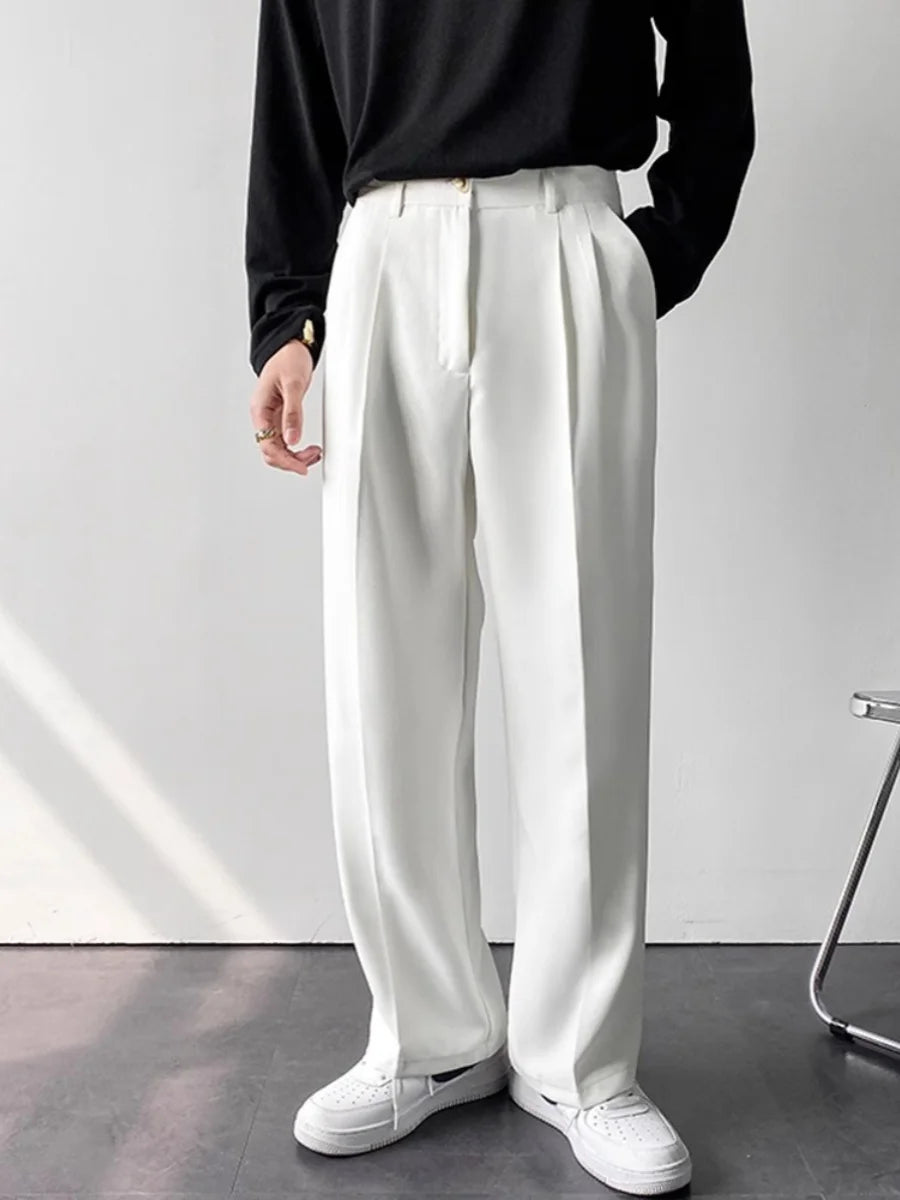 Korean Style Spring Summer Thin Wide Leg Pants Men's Loose Casual Long Trousers Dragging Pants Straight Cut White Casual Busi...