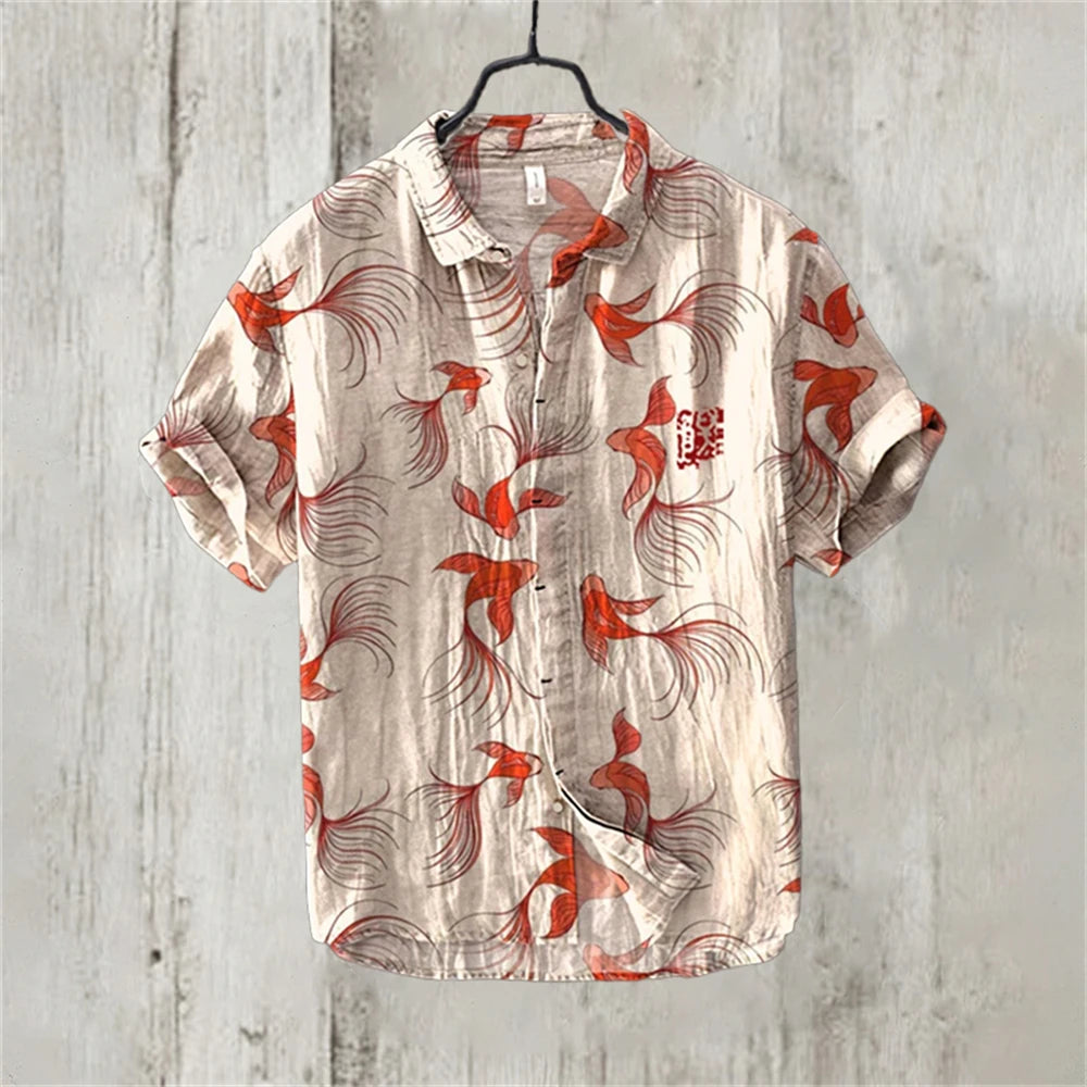 Men's Short Sleeve Linen Printed Shirt 2024 Japan Hot Selling Carp Print Holiday Daily Casual Wear Large Size XS-5XL