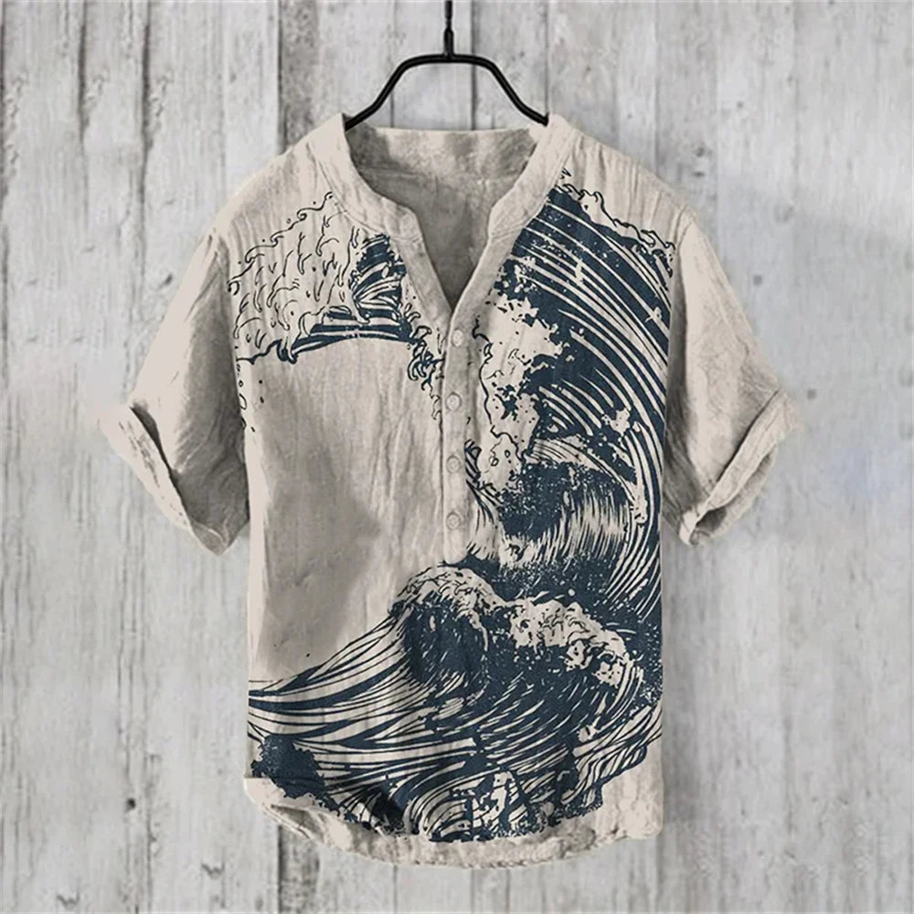 Men's short-sleeved POLO shirt imitation linen POLO shirt printed Kanagawa waves Japanese retro men's clothing