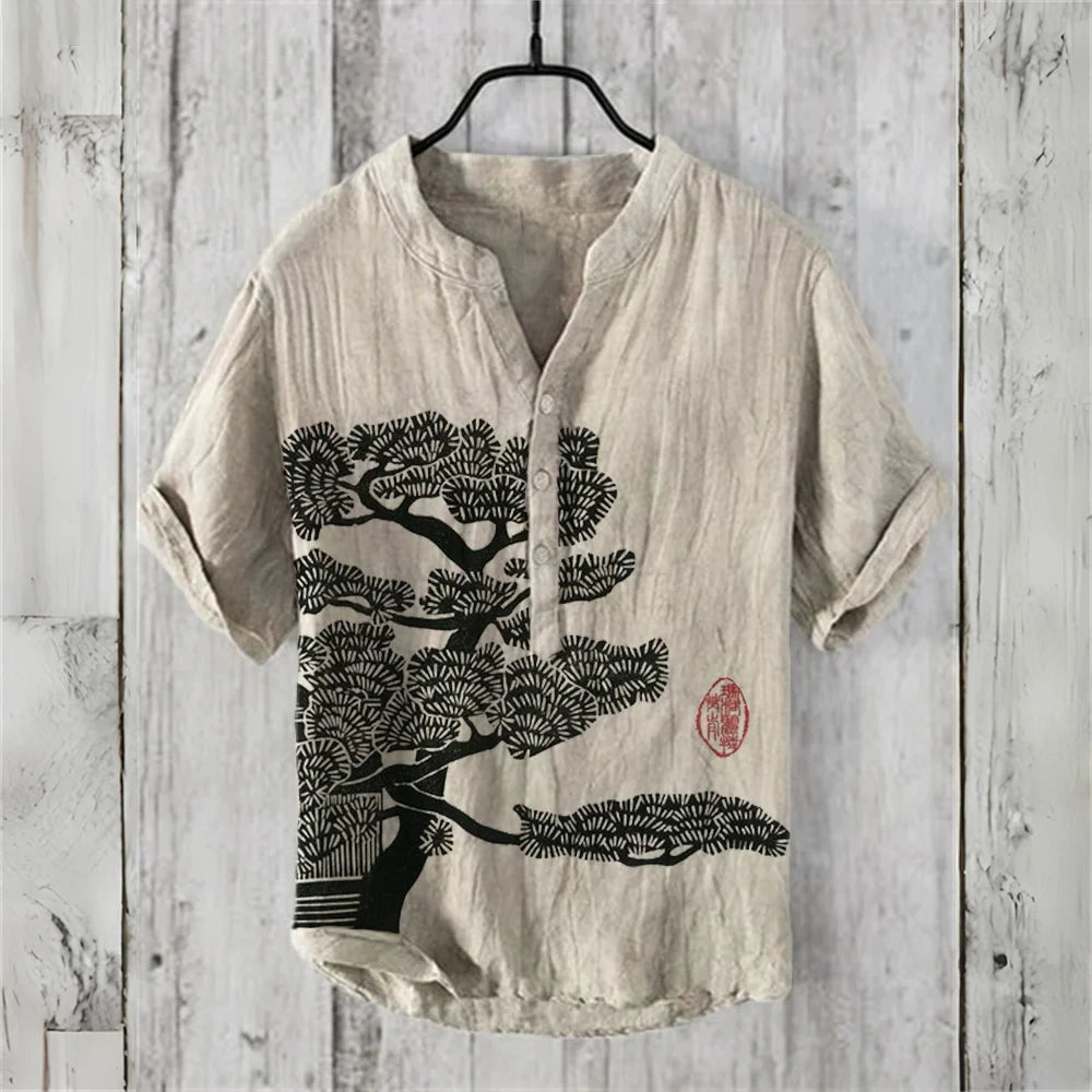 Men's short-sleeved POLO shirt imitation linen POLO shirt 2025 new welcome pine retro print casual Hawaiian men's clothing