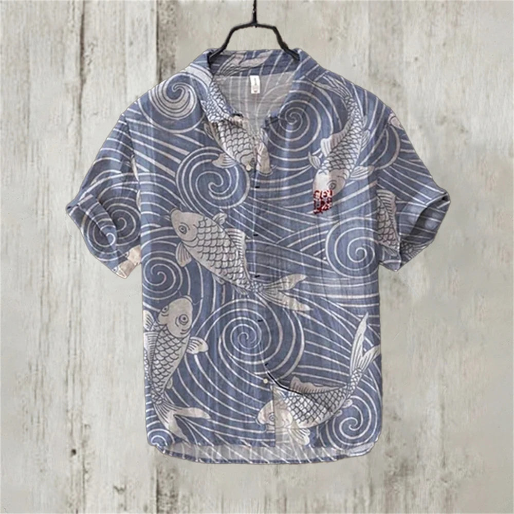 Men's Short Sleeve Linen Printed Shirt 2024 Japan Hot Selling Carp Print Holiday Daily Casual Wear Large Size XS-5XL