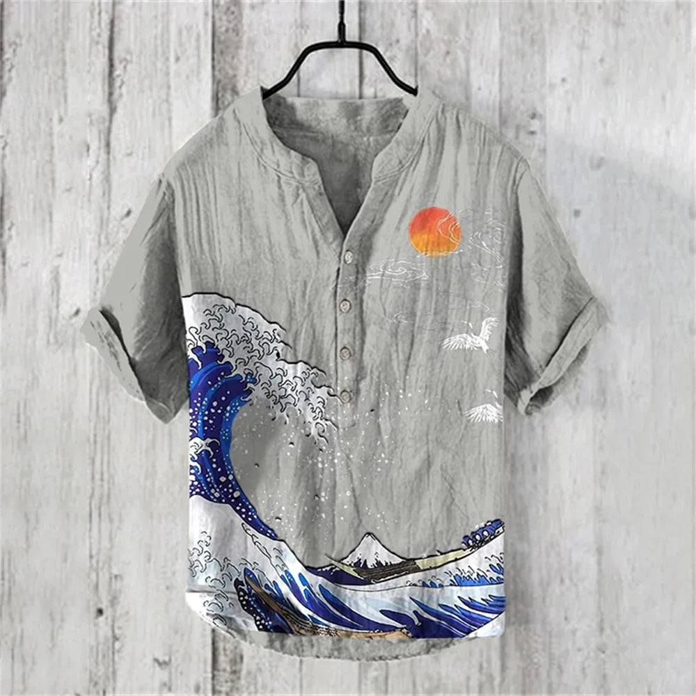 Men's short-sleeved POLO shirt imitation linen POLO shirt printed Kanagawa waves Japanese retro men's clothing