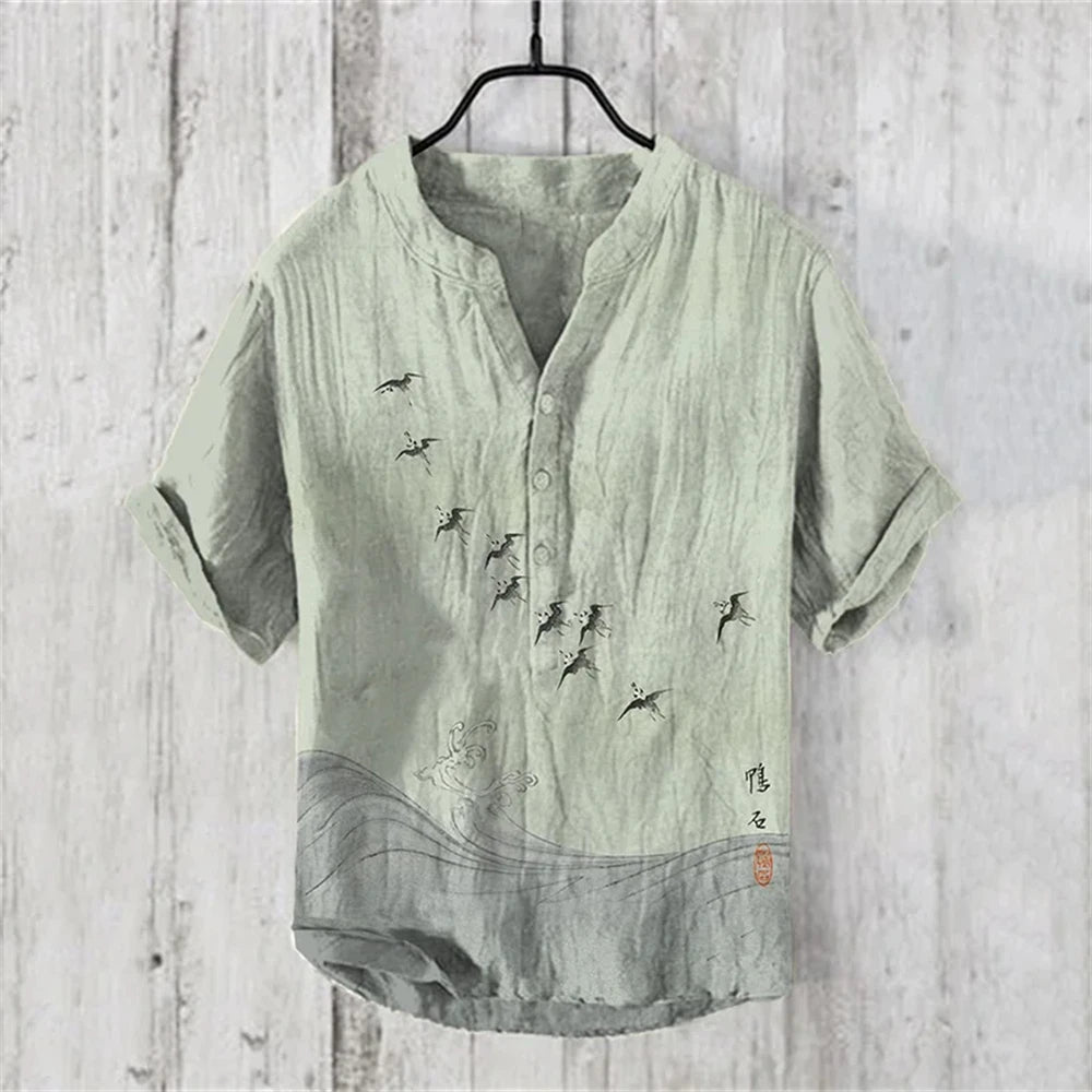 Chinese retro men's short-sleeved POLO shirt linen blended printed clothing casual fashion Hawaiian large size men's tops