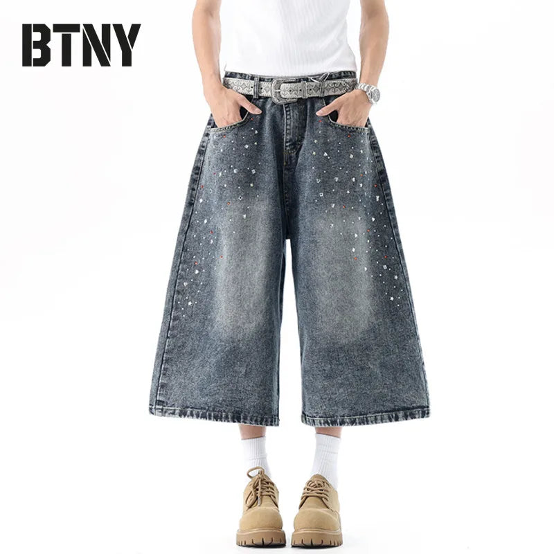 BTNY Men's Jorts American Rhinestone-Embellished Denim Shorts New Trendy Men Clothing Niche Design Capri Pants Summer P604