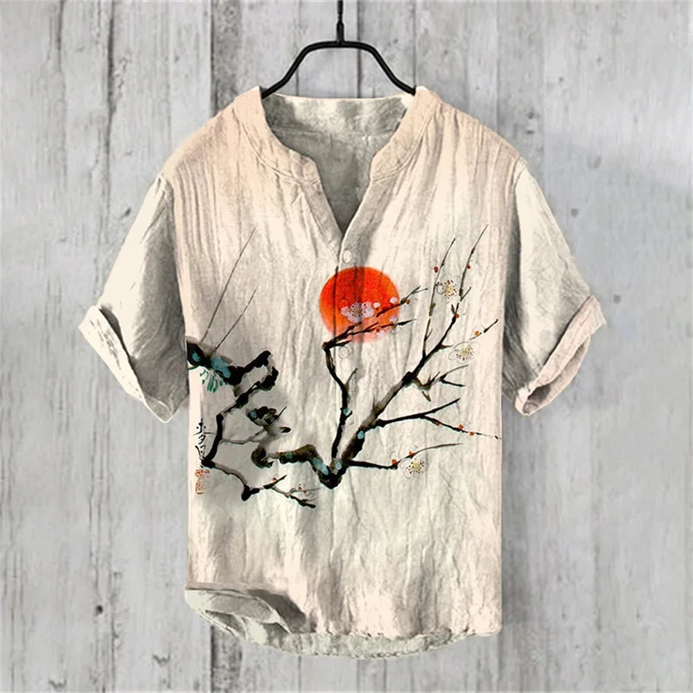 Men's short-sleeved POLO shirt imitation linen POLO shirt 2025 new welcome pine retro print casual Hawaiian men's clothing