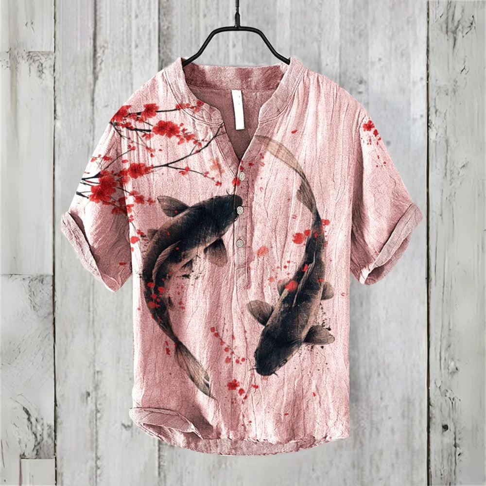 2025 New Retro Men's Short Sleeve POLO Shirt Linen Blended Printed Clothing Hawaiian Casual Fashion Large Size Men's Tops
