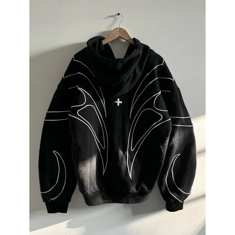 Street Retro Fashion Clothing Striped Embroidered Black Double Zipper Hoodie American Hip-hop Punk Oversized Sweatshirt women