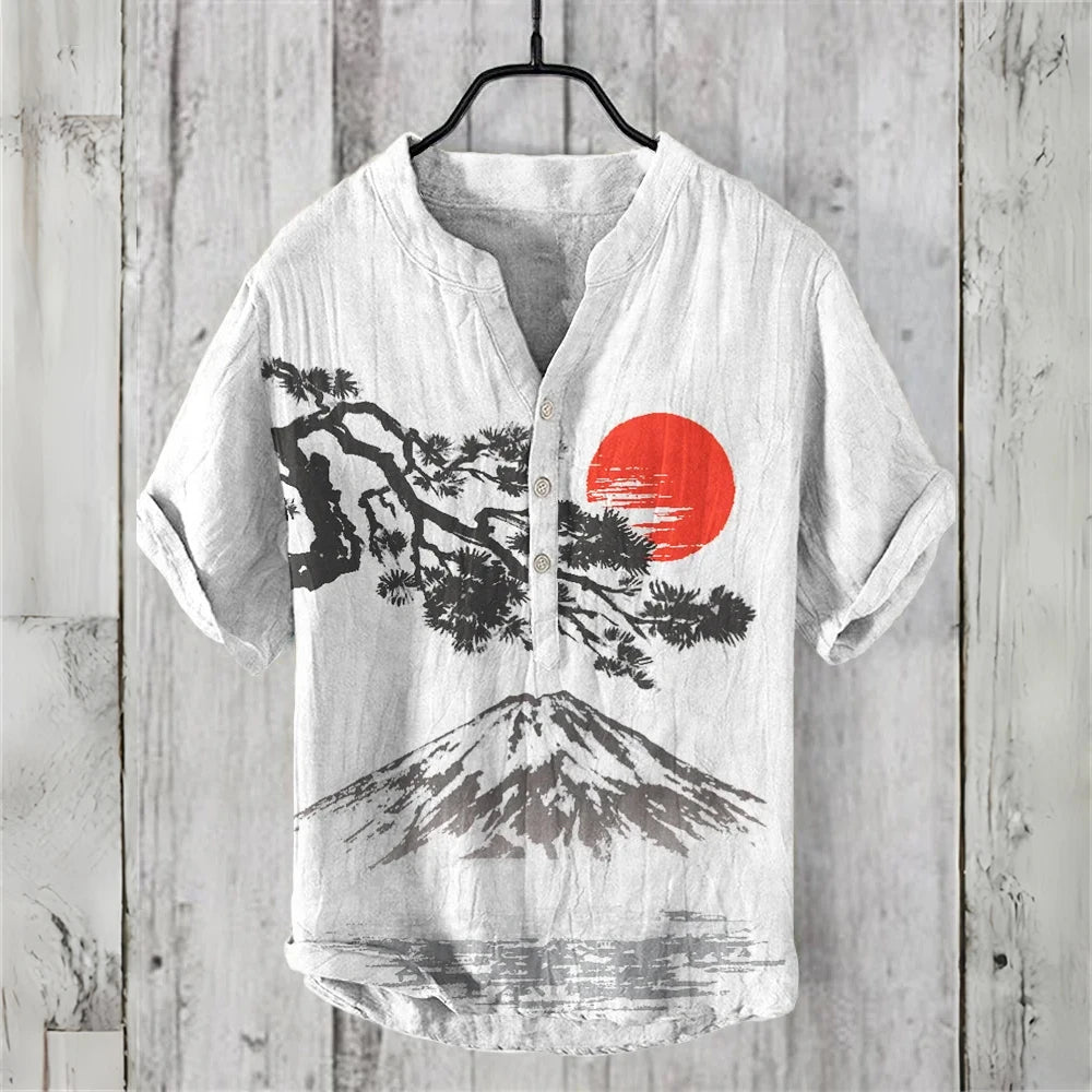Men's short-sleeved POLO shirt imitation linen POLO shirt 2025 new welcome pine retro print casual Hawaiian men's clothing