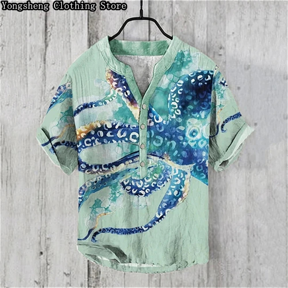 Men's Linen Print Casual POLO Shirt Short Sleeve 2024 New Ocean Whale Print Vacation Business Travel Large Size Plus Clothing