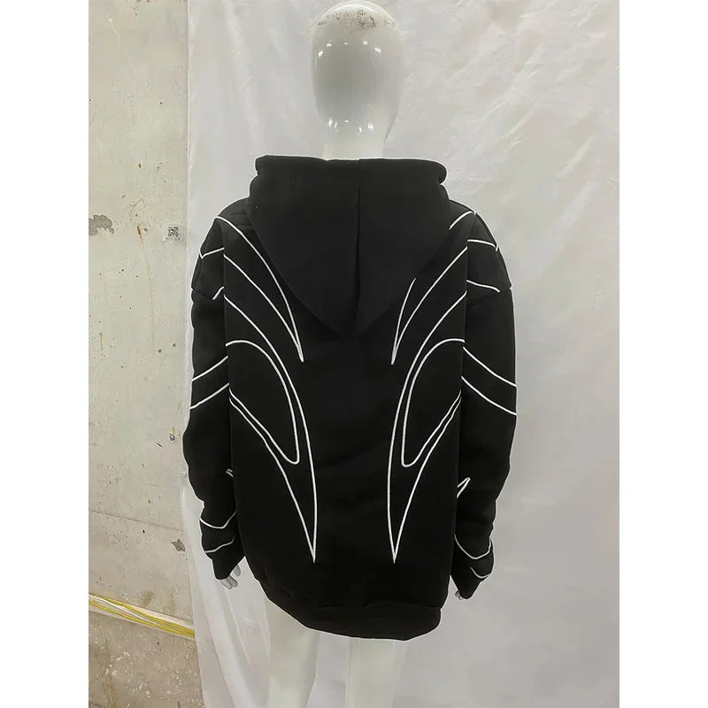 Street Retro Fashion Clothing Striped Embroidered Black Double Zipper Hoodie American Hip-hop Punk Oversized Sweatshirt women