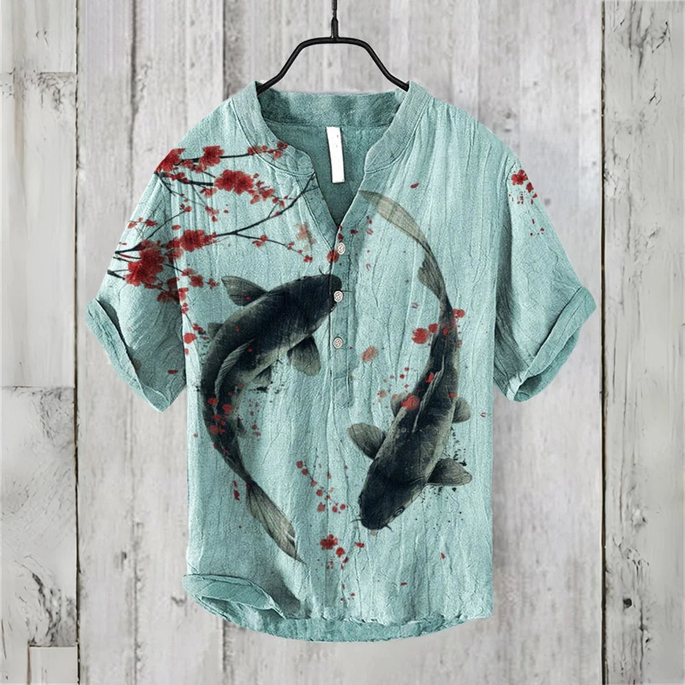 2025 New Retro Men's Short Sleeve POLO Shirt Linen Blended Printed Clothing Hawaiian Casual Fashion Large Size Men's Tops