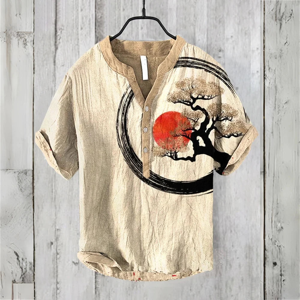 Men's short-sleeved POLO shirt imitation linen POLO shirt 2025 new welcome pine retro print casual Hawaiian men's clothing