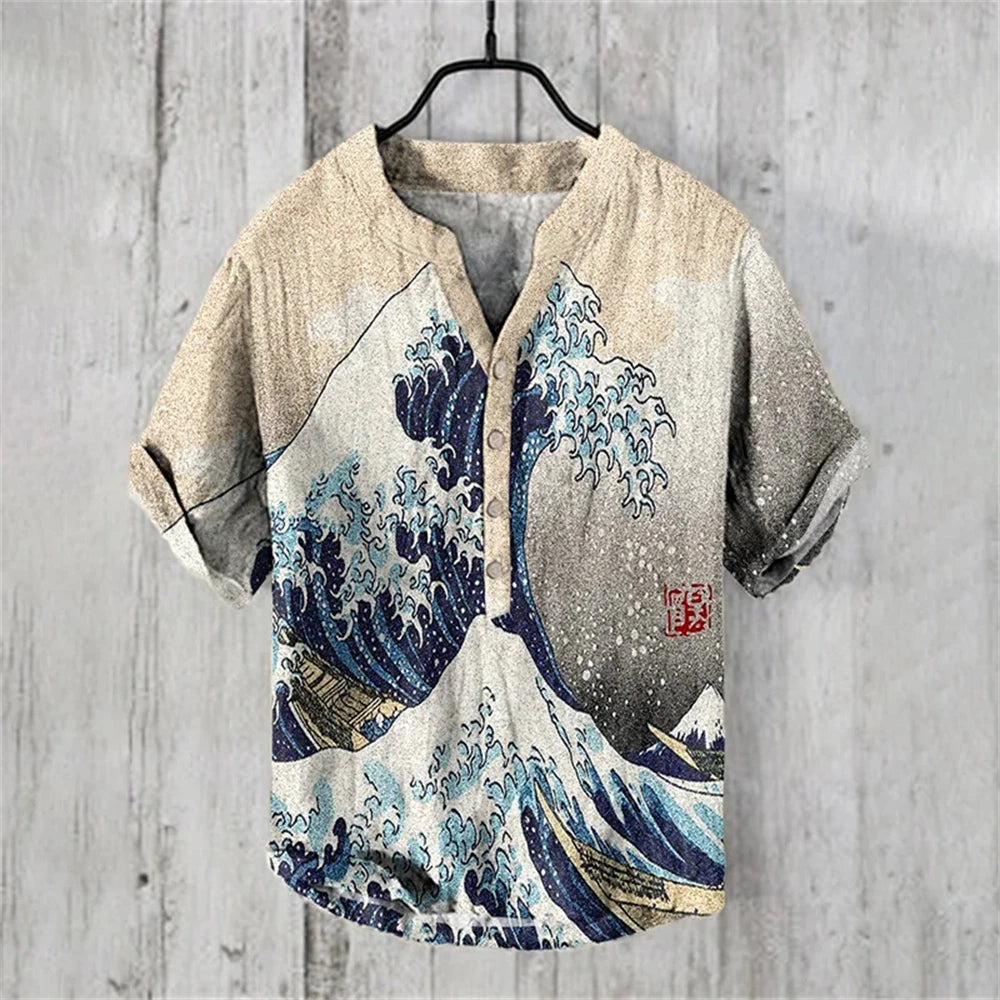 Men's short-sleeved POLO shirt imitation linen POLO shirt printed Kanagawa waves Japanese retro men's clothing