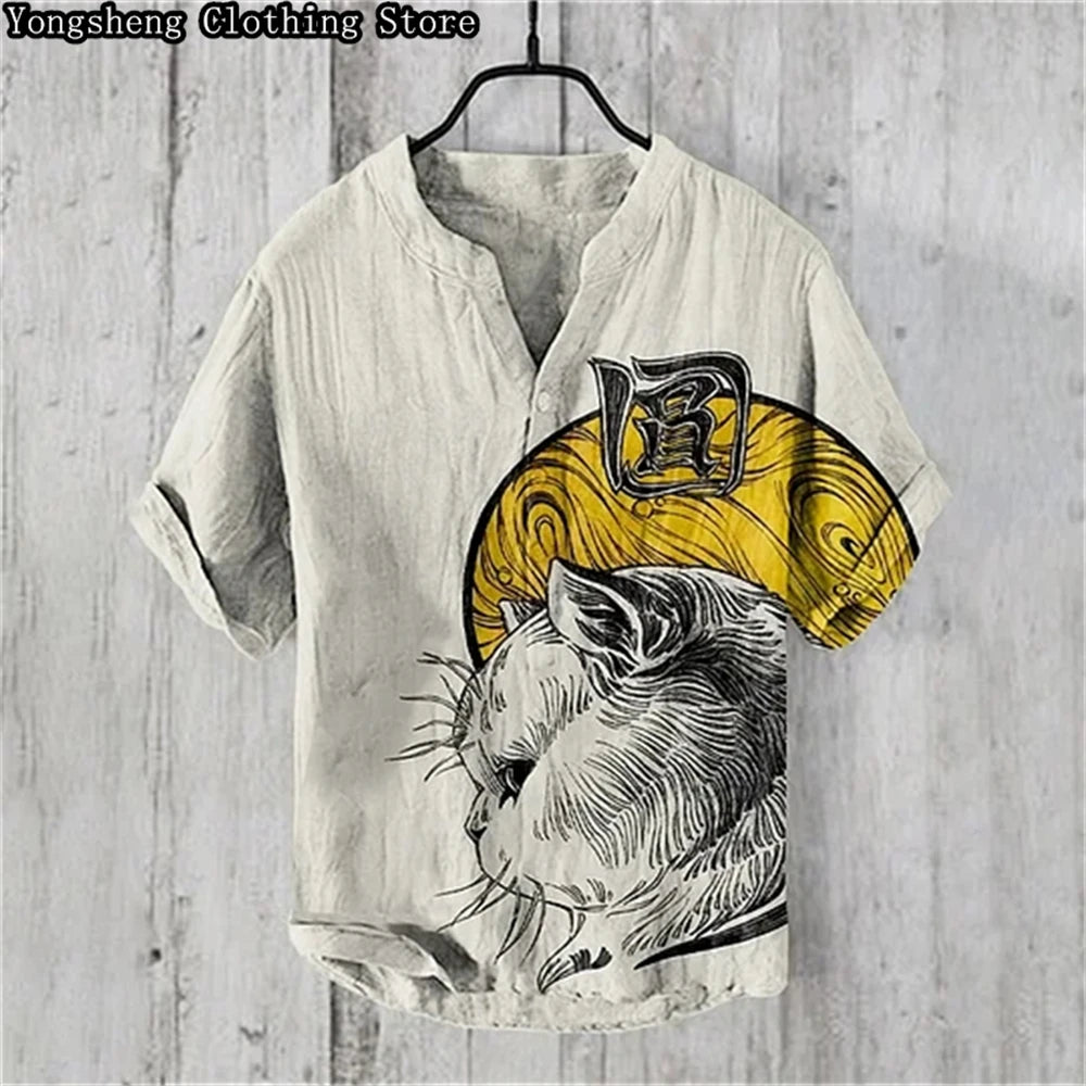 Men's Linen Print Casual POLO Shirt Short Sleeve 2024 New Ocean Whale Print Vacation Business Travel Large Size Plus Clothing