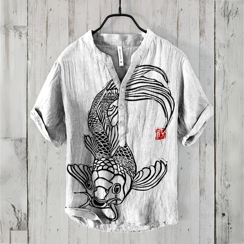 Men's short-sleeved POLO shirt linen blended clothing Japanese retro carp print comfortable casual summer large size men's tops