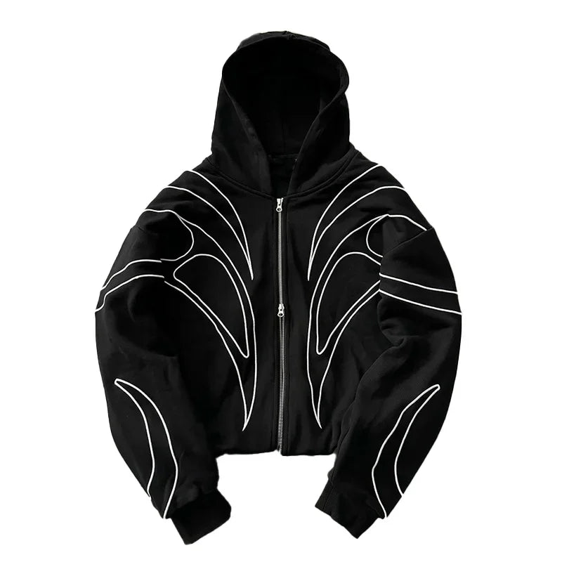 Street Retro Fashion Clothing Striped Embroidered Black Double Zipper Hoodie American Hip-hop Punk Oversized Sweatshirt women